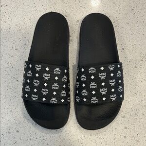 MCM Black Slide Sandals with White Monogram